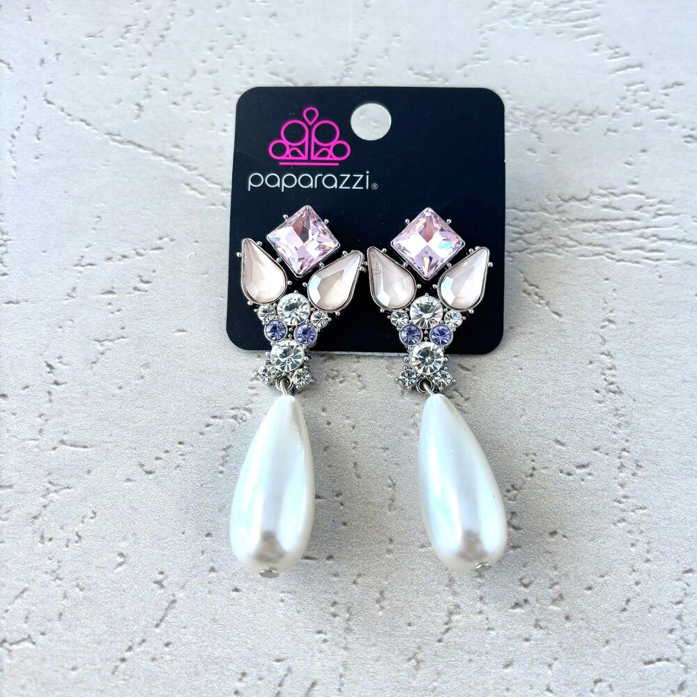 Paparazzi Glass Pearl Teardrop Earrings - Pink and White